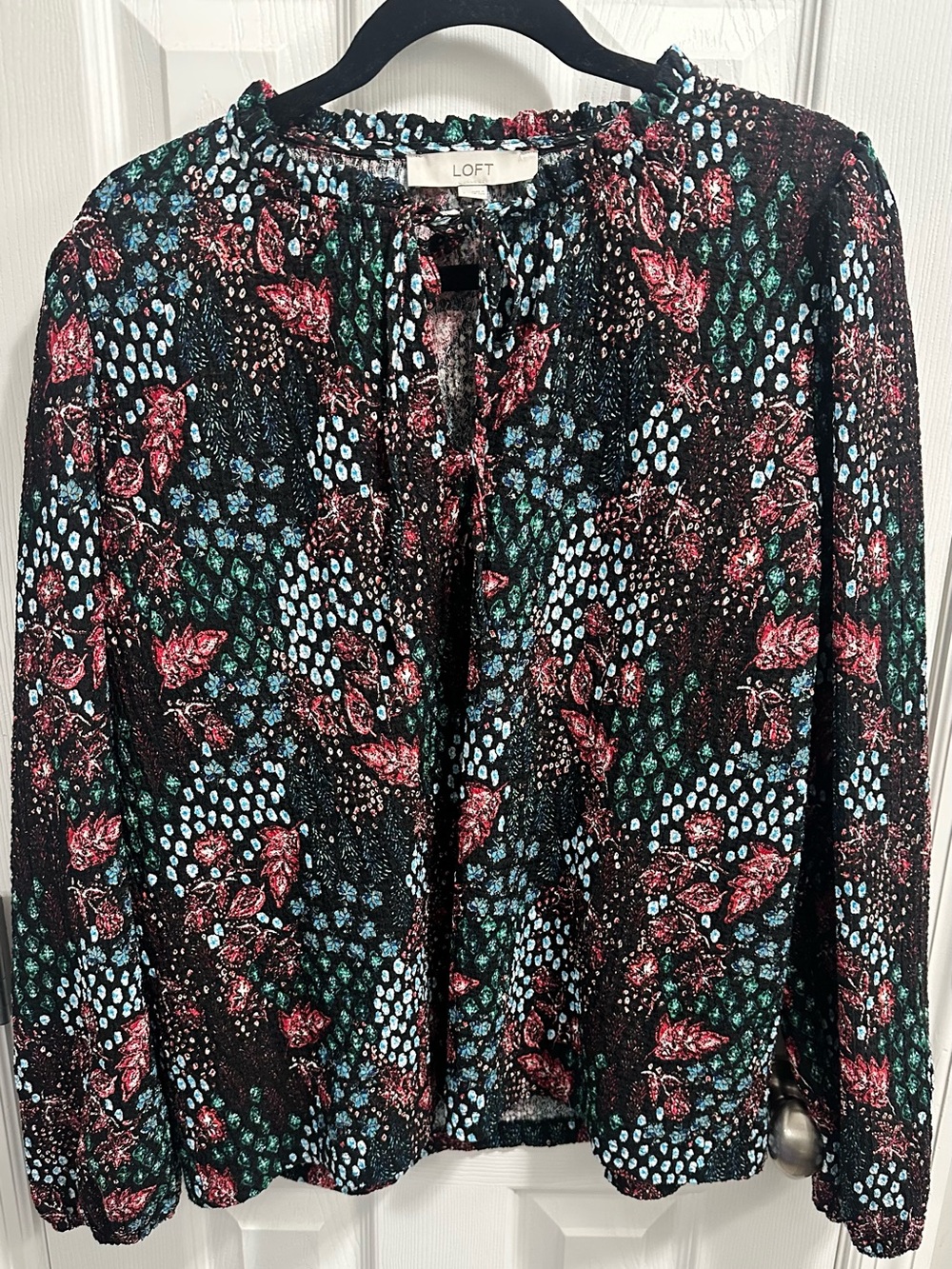 LOFT Black Floral Tie-Front Long Sleeve Blouse